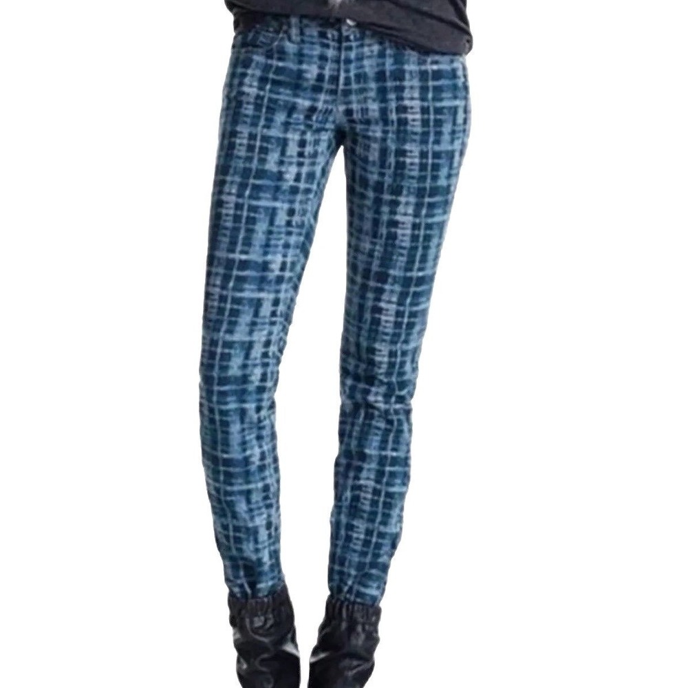 Cabi Jeans Women 2 Blue Shadow Plaid Skinny Jeans Grid Print Denim 3047